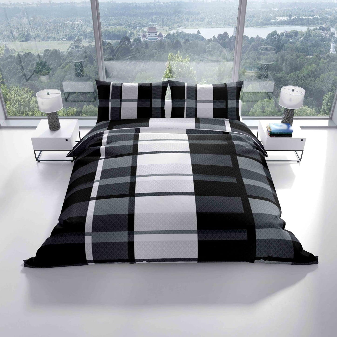 Leonado Vicenti Bettwäsche 135x200 4teilig Grau Schwarz Karo Bettbezug Kissenbezug Schlafzimmer Set Knitterfrei