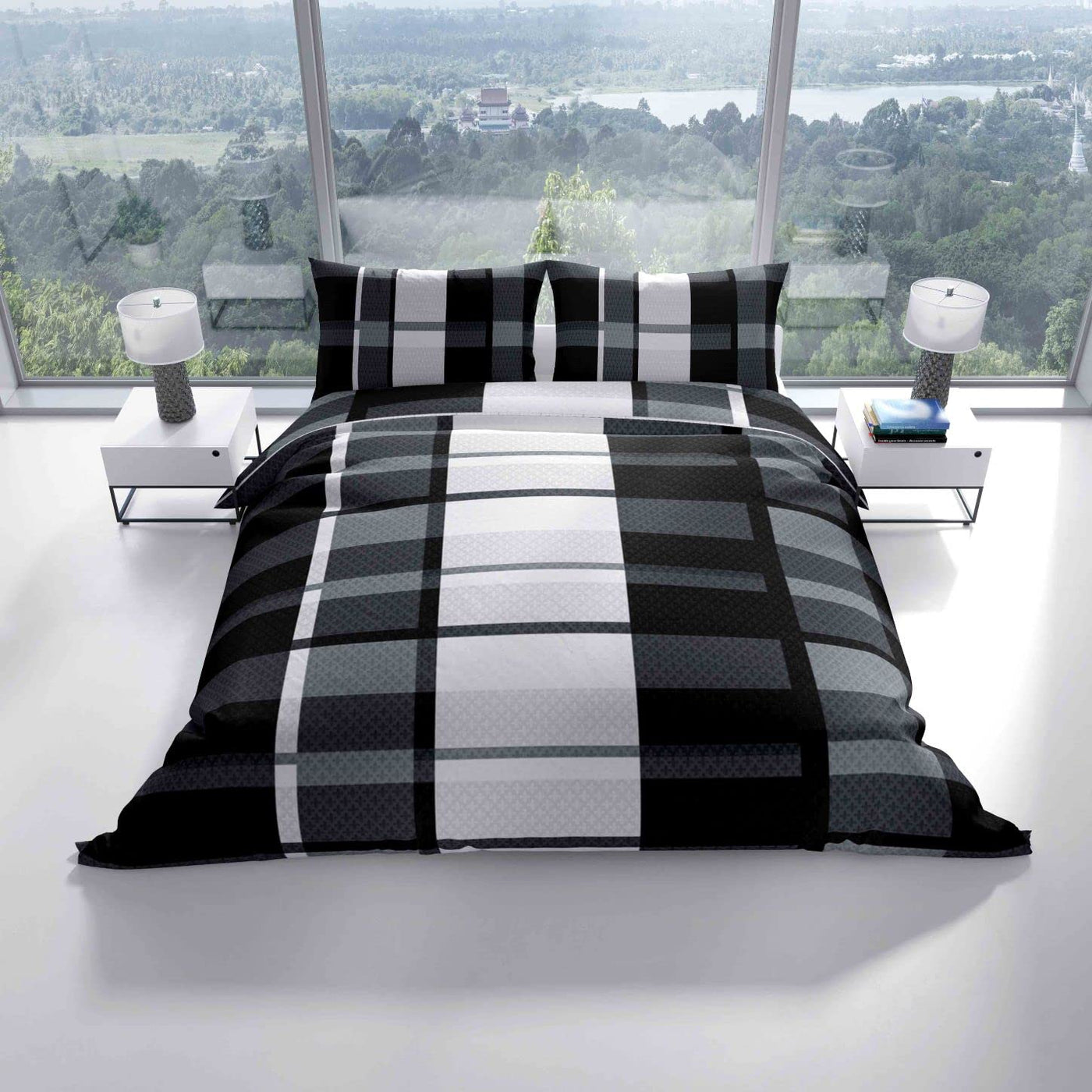 Leonado Vicenti Bettwäsche 135x200 4teilig Grau Schwarz Karo Bettbezug Kissenbezug Schlafzimmer Set Knitterfrei