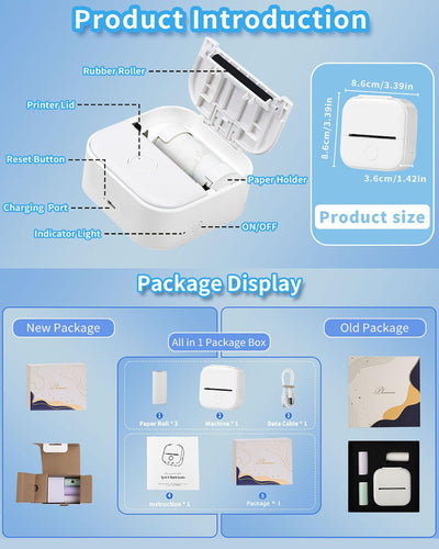Memoking Tragbarer Mini Aufkleberdrucker - T02 Taschendrucker Bluetooth Fotodrucker, Lerngrafiken für Kinder, Gymnasiasten, Universitätsstudent, Mini Drucker mit 3 Rollen Thermopapier Selbstklebend