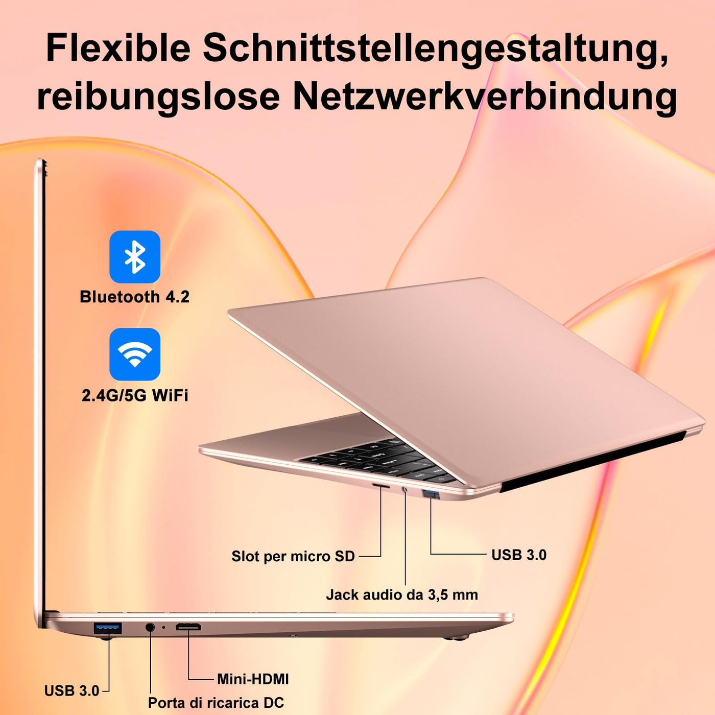 NOTODD 2025 Laptop 14 Zoll Win11 Celeron N4020 256GB SSD Unterstützung 1TB (TF 512GB) Full Metal Notebook 1080P 5G WiFi Mini HDMI & Kabellose Maus Tastaturfolie für Tastatur-Gold