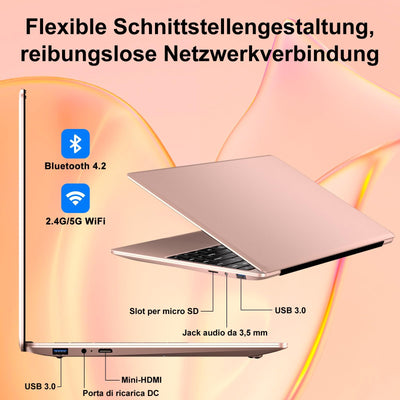NOTODD 2025 Laptop 14 Zoll Win11 Celeron N4020 256GB SSD Unterstützung 1TB (TF 512GB) Full Metal Notebook 1080P 5G WiFi Mini HDMI & Kabellose Maus Tastaturfolie für Tastatur-Gold