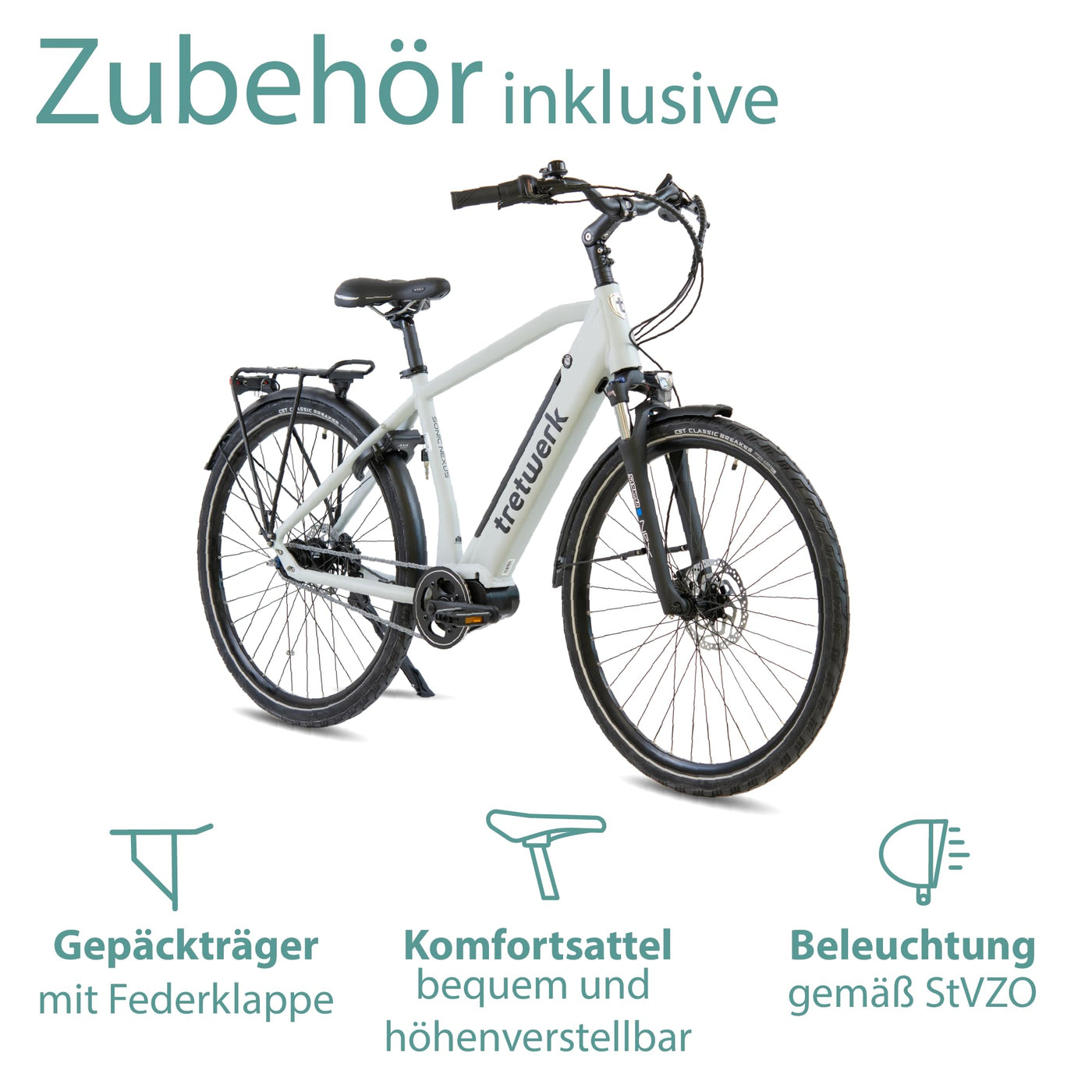 TRETWERK 28 Zoll E-Bike Herren Cityrad - Sonic Nexus - Pedelec Herrenfahrrad mit 7 Gang Nabenschaltung -Elektrofahrrad mit Mittelmotor - weiß 50cm