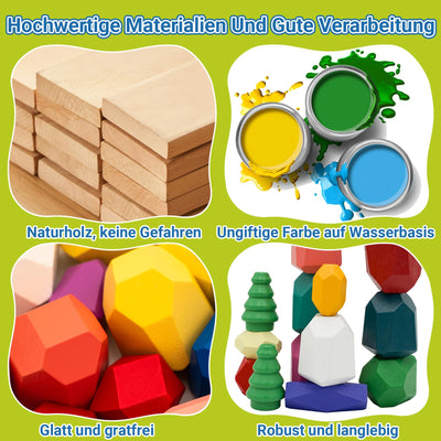 RunHero 58 Stück Stapelsteine Balanciersteine Montessori Holz Bauklötze Spielzeug für Kinder Stapelturm Grimms Holzbausteine Stapelsteine Motorikspielzeug Geschenk für Baby ab 1 2 3 4 5 6 7 8 Jahr