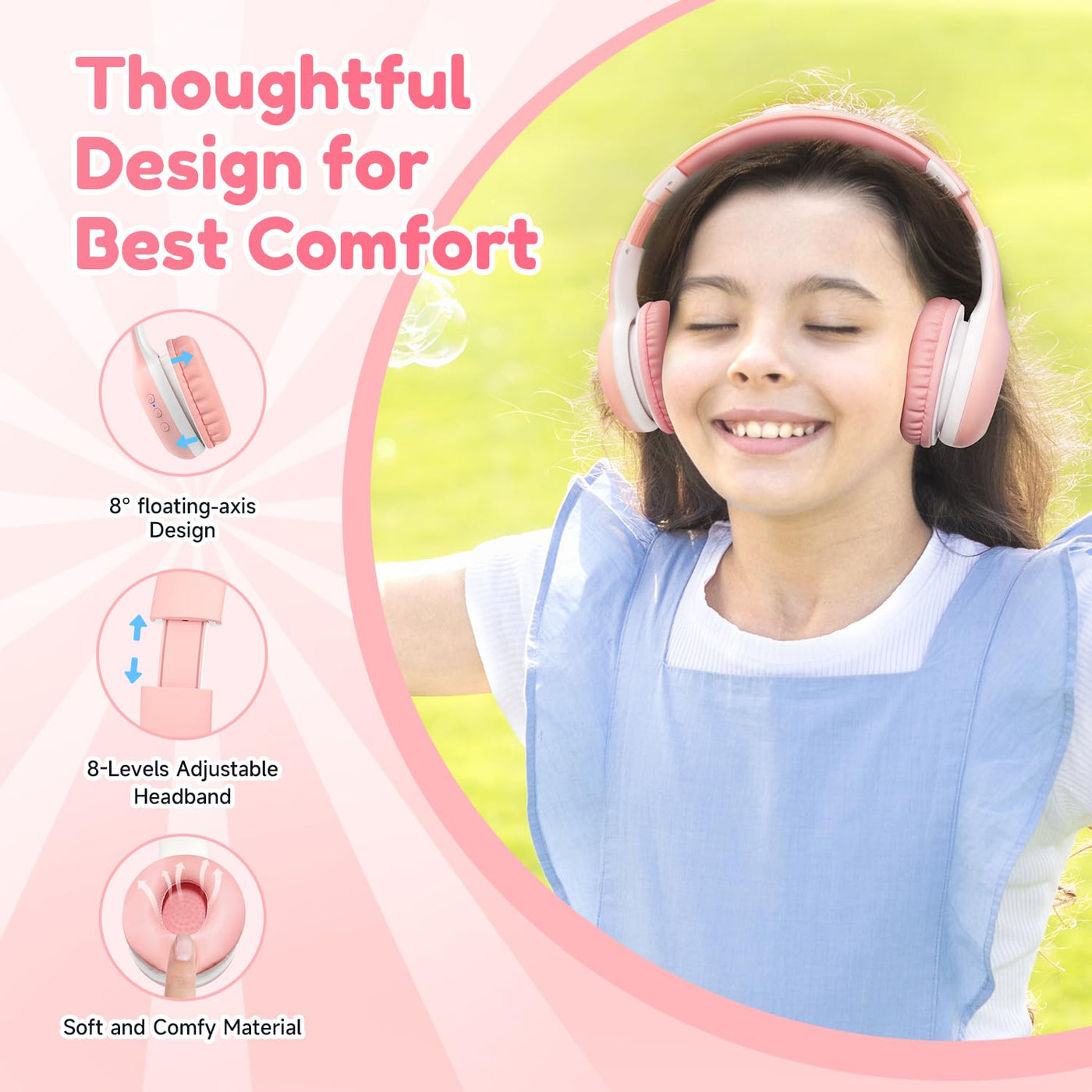 EarFun Bluetooth Kopfhörer Kinder, 85/94dB Lautstärkeregelung, HiFi Sound, HD-Mikrofon, 40 Std Akku, Faltbare, Einstellbar, Kopfhörer Kabellos Bluetooth Kinder für Schule/Reise, Rosa