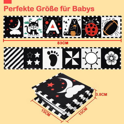 URMYWO Kontrastbuch Baby, Schwarz Weiß Doppelseitig Baby Stoffbuch, Soft Bilderbuch aus Stoff mit Spiegeln, Kinderwagen Kontrast Spielzeug Baby 0 3 6 Monate Geschenk für Babys