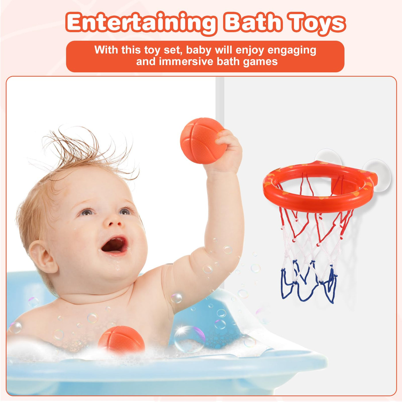 Baby Badewannenspielzeug:5 Bälle ohne Löcher + Basketballkorb mit starkem Saugnapf.Badespielzeug für Kleinkinder oder Kinder/Jungen oder Mädchen.Spielzeug-Set für Wohnzimmer,Badezimmer,Schlafzimmer