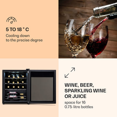 Klarstein Ultimo Uno Weinkühlschrank - Wine Fridge mit Temperaturregler: 5-8 °C, Weinschrank mit Touch-Bedienfeld, Platz für 16 Flaschen, 42 Liter Gesamtvolumen, schwarz