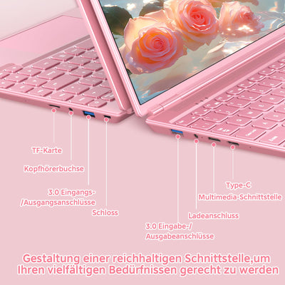 NOTODD 2025 Laptop 14 Zoll Win11 Pro 8+256GB SSD Unterstützung 1TB(TF-1TB) Celeron N5095 (bis 2.9GHz) 1920x1200 Notebook Kühlgebläse Type-C Deutscher Tastaturschutz und kabellose Maus-Rosa