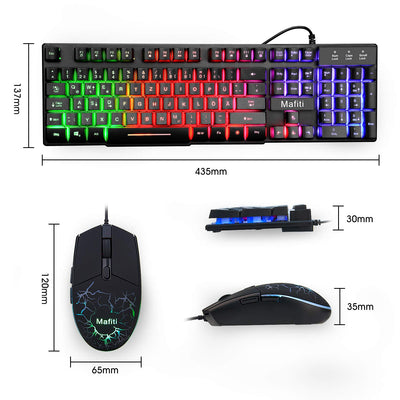 mafiti Tastatur und Maus Set, Kabelgebundenes, LED Hintergrundbeleuchtung QWERTZ (DE-Layout), Regenbogen Farben Beleuchtetung für Gaming und Büro
