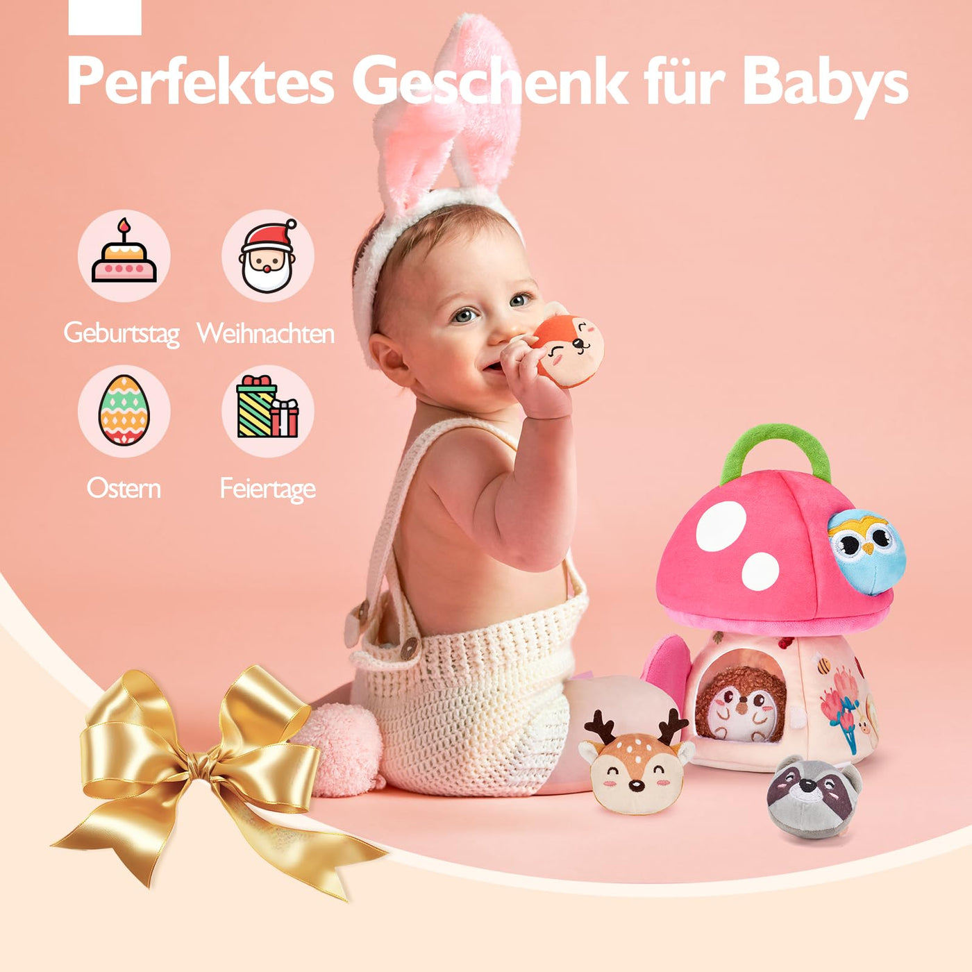hahaland Baby Spielzeug 6 12 18 Monate, Pilzhaus mit Tieren Rassel, Krepppapier,Spiegel,Lernspielzeug für Babys Fördert Sensorische & Motorik,Montessori Spielzeug Geschenk für Kleinkinder 1 2 3 Jahren