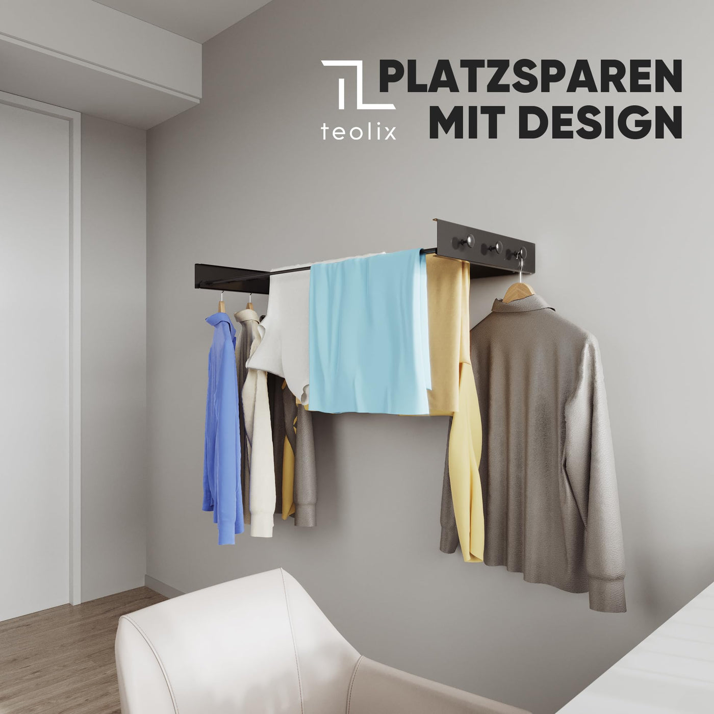 teolix Wäscheständer Wandmontage [2in1 mit extra Kleiderhaken] Ausziehbar und Platzsparend | Wäschetrockner Klein für Wand | Clothes Drying Rack Zeitlos Praktisch - (Schwarz, 80cm)