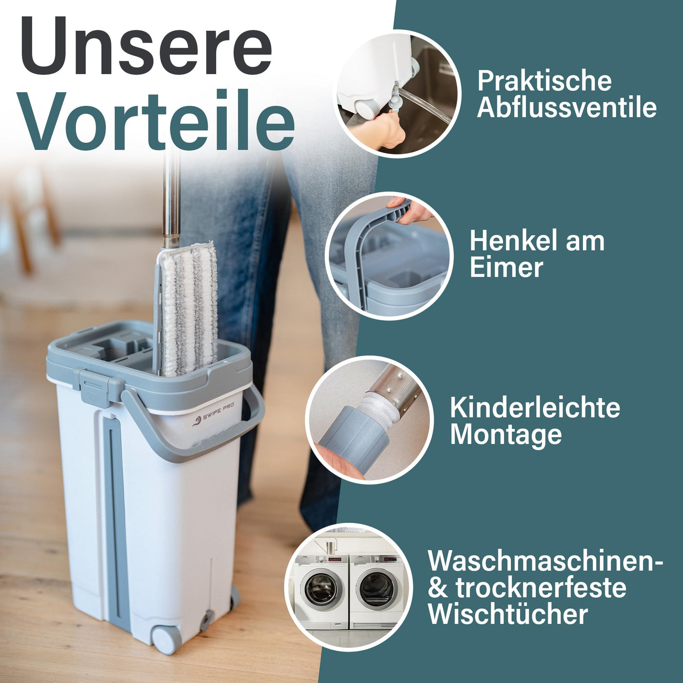 SWIPE PRO Wischmopp Set mit Eimer [ROLLENFUNKTION] - 2 Kammer-System - ABFLUSSVENTILE - einfache Auswringfunktion - 2 Stück waschbare Microfaserpads - für Jede Bodenart - Jetzt Bilder ansehen!