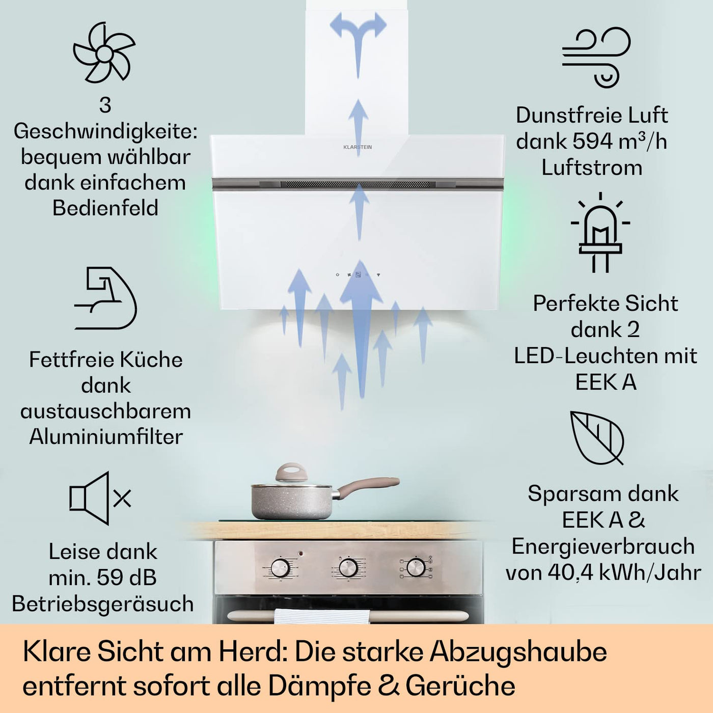 Klarstein Dunstabzugshaube 60cm, Umluft/Abluft-Dunstabzugshaube mit RGB-LEDs, Leistungsstarke Abzugshaube Leise, 594 m³/h Luftstrom, Schräghaube mit Aktivfilter & IoT/WiFi, Dunstabzug 60 cm
