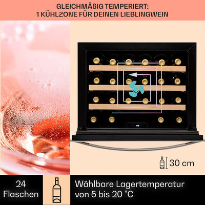 Klarstein Einbau-Weinkühlschrank, 1 Zonen Getränkekühlschrank Klein, Kleiner Weinschrank, 51L Wein-Kühlschrank Klein mit Glastür & Top-Down Tür, Flaschenkühlschrank Wine Fridge für 24 Flaschen