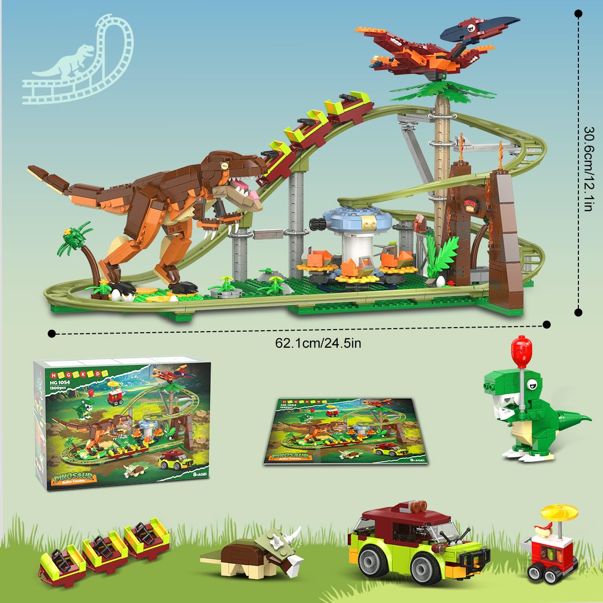 HOGOKIDS Dinosaurier Achterbahn Bausteine Spielzeug – 1222pcs Achterbahn Bauspielzeug mit 4 Dinosauriern, Geländewagen, Dinosauriermodellen, Geschenk für Erwachsene, Mädchen Jungen ab 8 Jahren