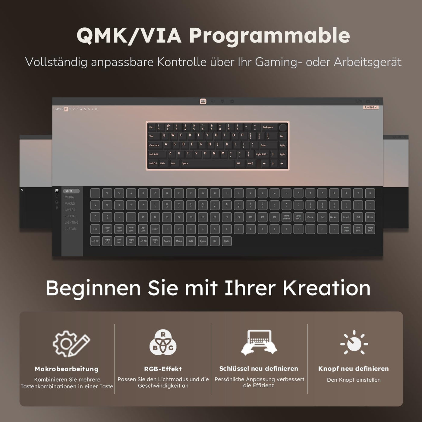 RK ROYAL KLUDGE R65 Mechanische Tastatur Kabellos, 60% Prozent Gaming Tastatur QWERTZ Gasket RGB mit Knopf und PBT Tastenkappen, Bluetooth/2.4G/USB-C QMK/VIA, Hot Swap Linearer Creamy Switches