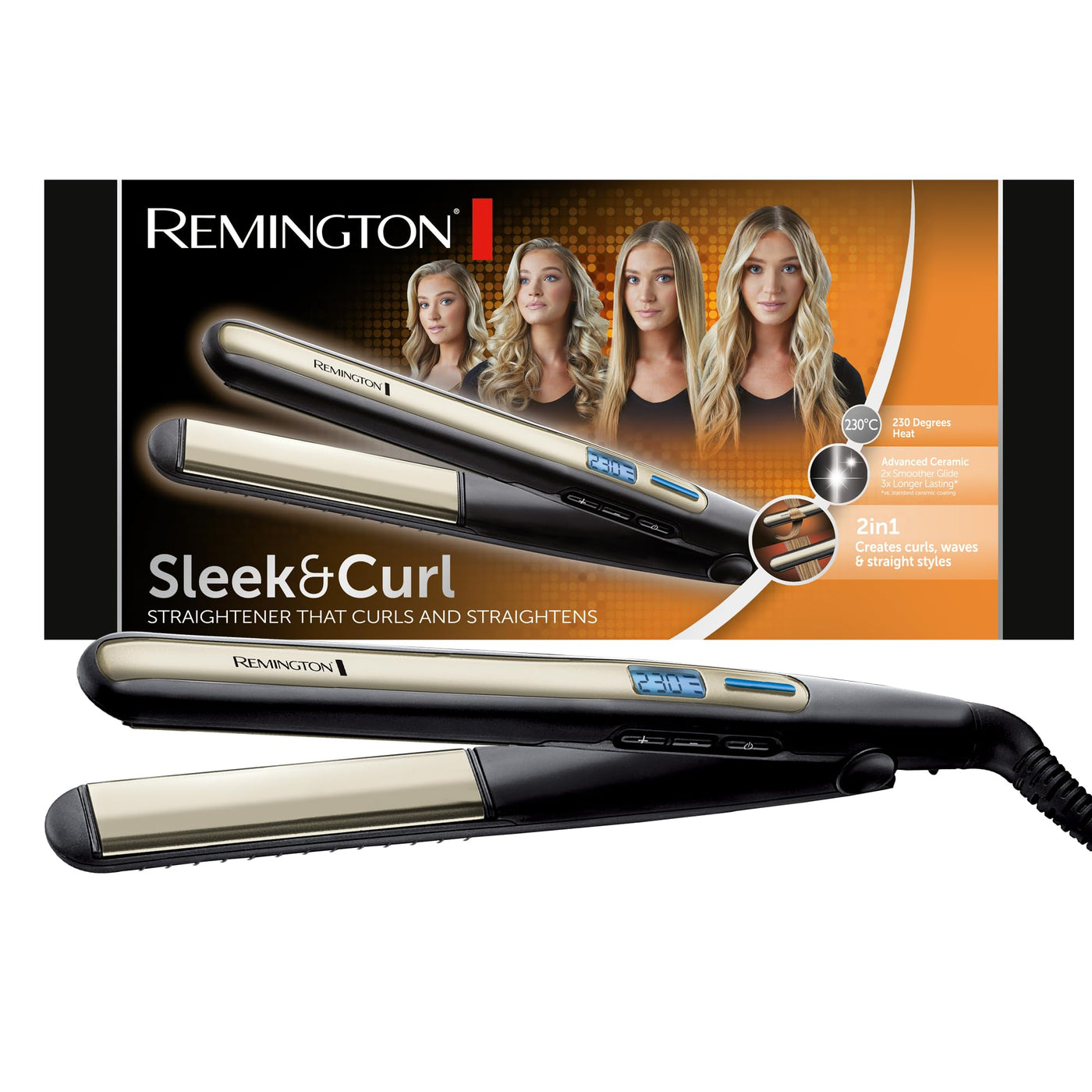 Remington Glätteisen Sleek & Curl (abgerundetes Design -ideal zum Glätten & Stylen von Locken und Wellen, hochwertige Ultra-Turmalin-Keramikbeschichtung) LCD-Display, 150-230°C, Haarglätter S6500