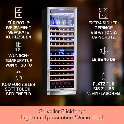 Klarstein Einbau-Weinkühlschrank, 2 Zonen Getränkekühlschrank Klein, Kleiner Weinschrank 433L, Wein-Kühlschrank Klein mit Glastür, Indoor/Outdoor Flaschenkühlschrank, Wine Fridge 165 Flaschen