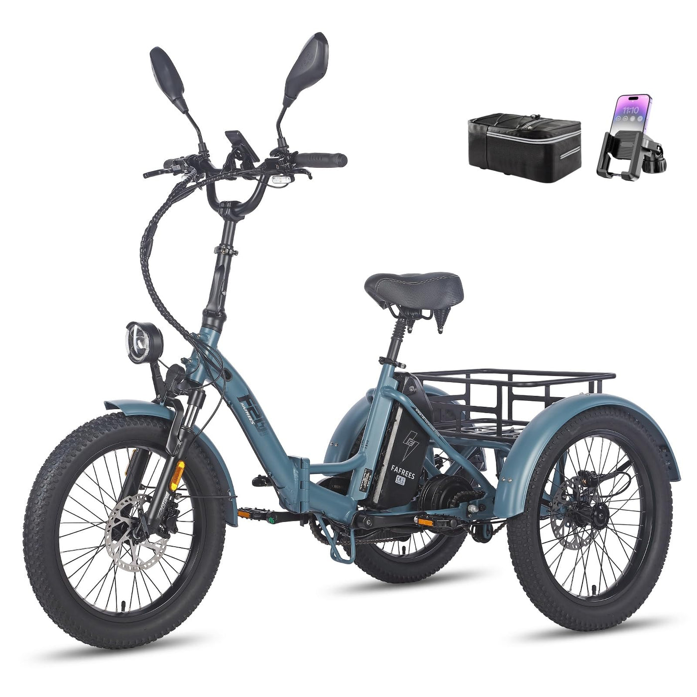 Fafrees E Bike 3 Rad, F20 Mate ebike klapprad Lastenfahrrad 20"*3.0 Zoll, e Bike Dreirad für Erwachsene 48V 21Ah Akku, 65N.m 25km/h, Dreirad für senioren (Kleiner hinterer Korb, Blau)