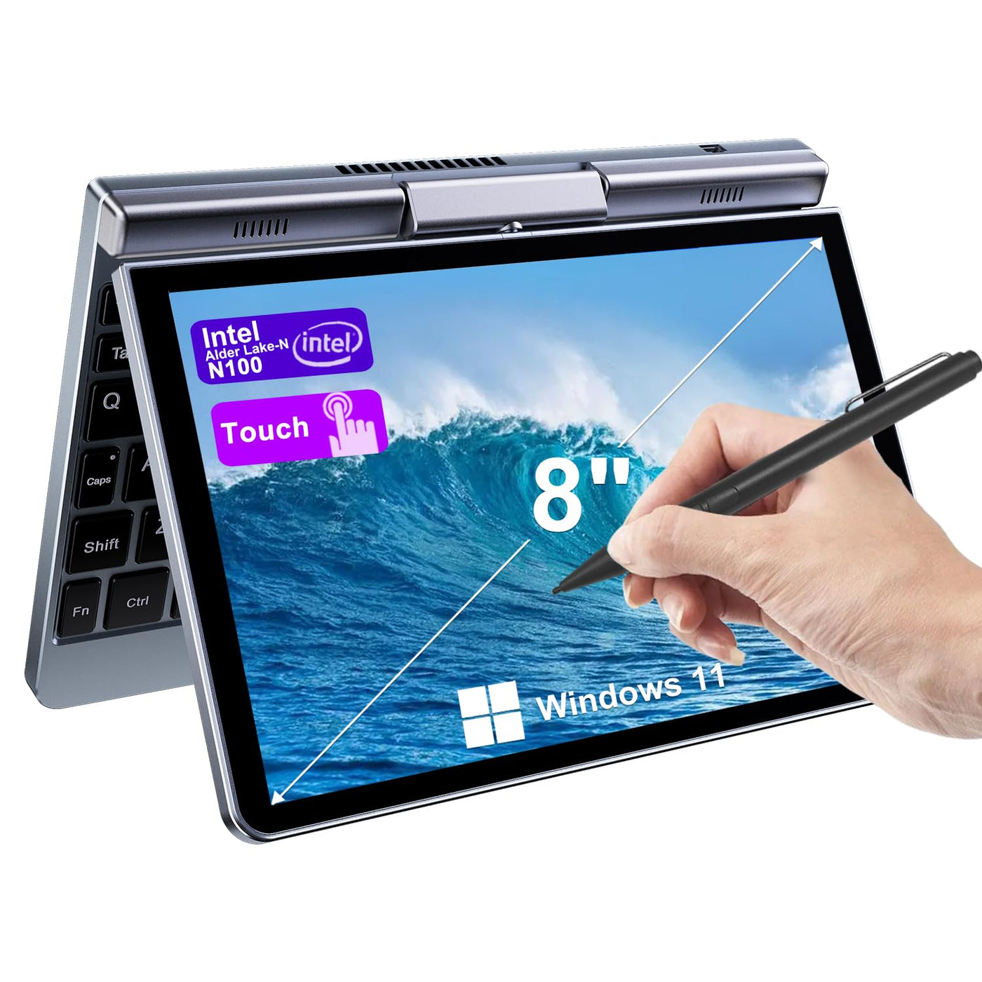 Crelander 2-in-1-Mini-Laptop | 8-Zoll-Touchscreen tragbarer kleiner Taschencomputer | Intel N100 Prozessor der 12. Generation | 12 GB DDR5 RAM 1 TB SSD | PD 30 W Aufladung | WiFi6 BT5.2 | Tastatur mit