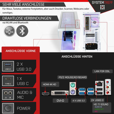 SYSTEMTREFF Basic Gaming PC weiß AMD Ryzen 7 5700G 8x4.6GHz | AMD Radeon RX Vega 8 4K HDMI DX12 | 512GB M.2 NVMe | 16GB DDR4 RAM | WLAN Desktop Computer Rechner für Gamer, Zocker