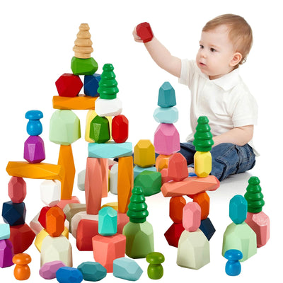 RunHero 58 Stück Stapelsteine Balanciersteine Montessori Holz Bauklötze Spielzeug für Kinder Stapelturm Grimms Holzbausteine Stapelsteine Motorikspielzeug Geschenk für Baby ab 1 2 3 4 5 6 7 8 Jahr