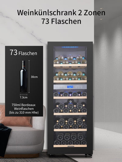 Kalamera Weinkühlschrank 2 Zonen für 73 Flaschen, Schwarz, 200 Liter, KRC-200BFG