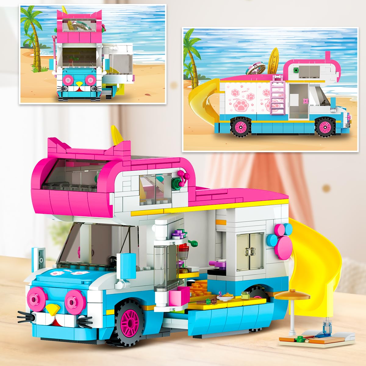 CUBIMANA 3-in-1 Wohnmobil Bausteine Spielzeug, Campingbus Wohnwagen Konstruktionsspielzeug mit Rutsche und Aufklebern, Geschenke für Kinder Mädchen und Jungen ab 6 7 8 9 10 11 12+ Jahre (494PCS)