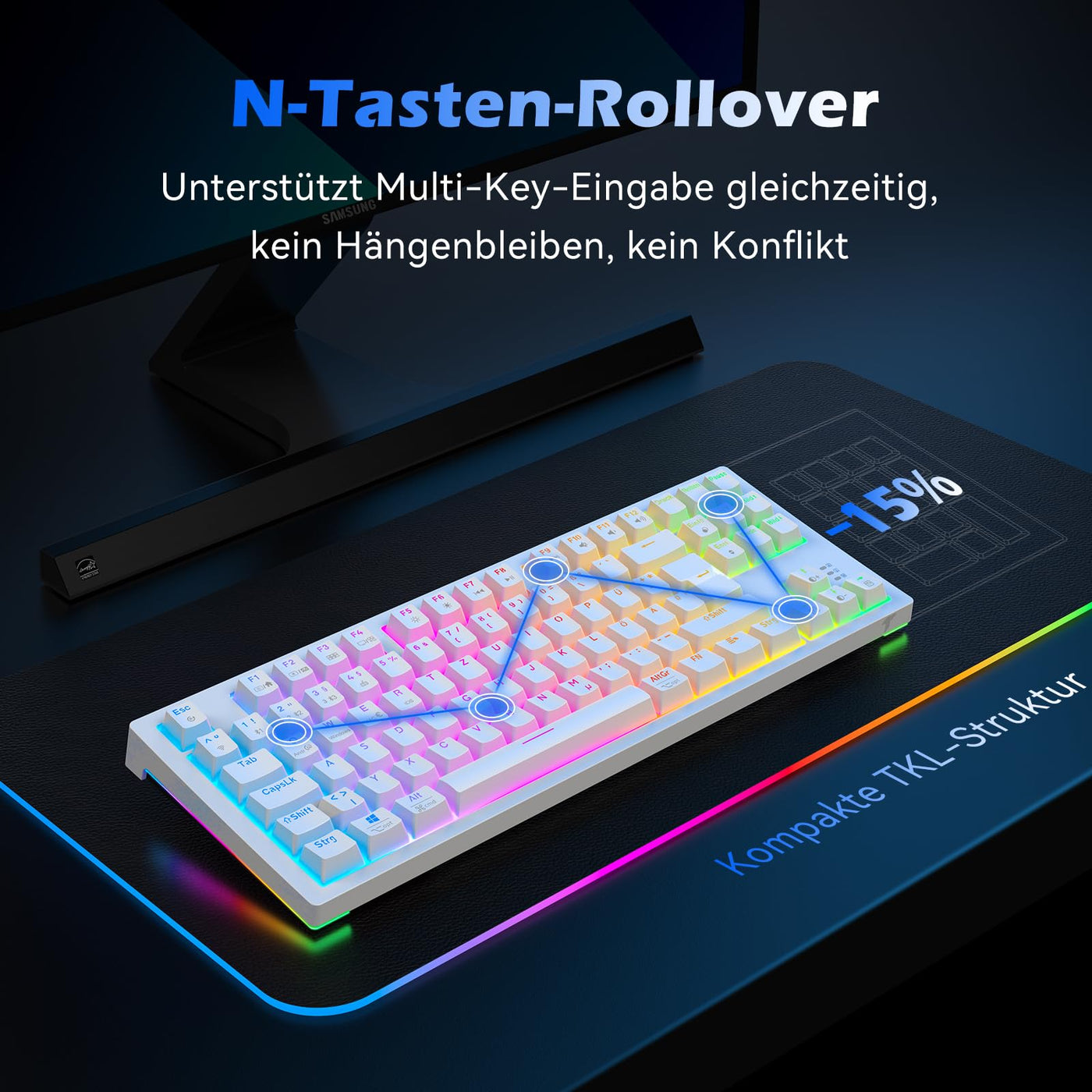 TECURS Mechanische Tastatur - Gaming Tastatur Kabellos Programmierbare 80% TKL QWERTZ mit Rote Schalter, RGB-Beleuchtung, Multimedia-Tasten, Mechanical Keyboard für PC/PS4/PS5, Weiß