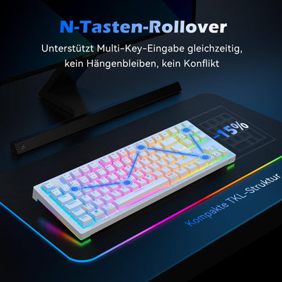 TECURS Mechanische Tastatur - Gaming Tastatur Kabellos Programmierbare 80% TKL QWERTZ mit Rote Schalter, RGB-Beleuchtung, Multimedia-Tasten, Mechanical Keyboard für PC/PS4/PS5, Weiß