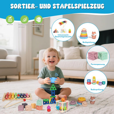 LearnToy Baby Spielzeug 18-36 Monate - Montessori 7-in-1 Aktivitätsset mit Stapelblöcken, Beißring & Sensorik-Behälter, Zertifiziert nach EN71, Geschenk für Babys
