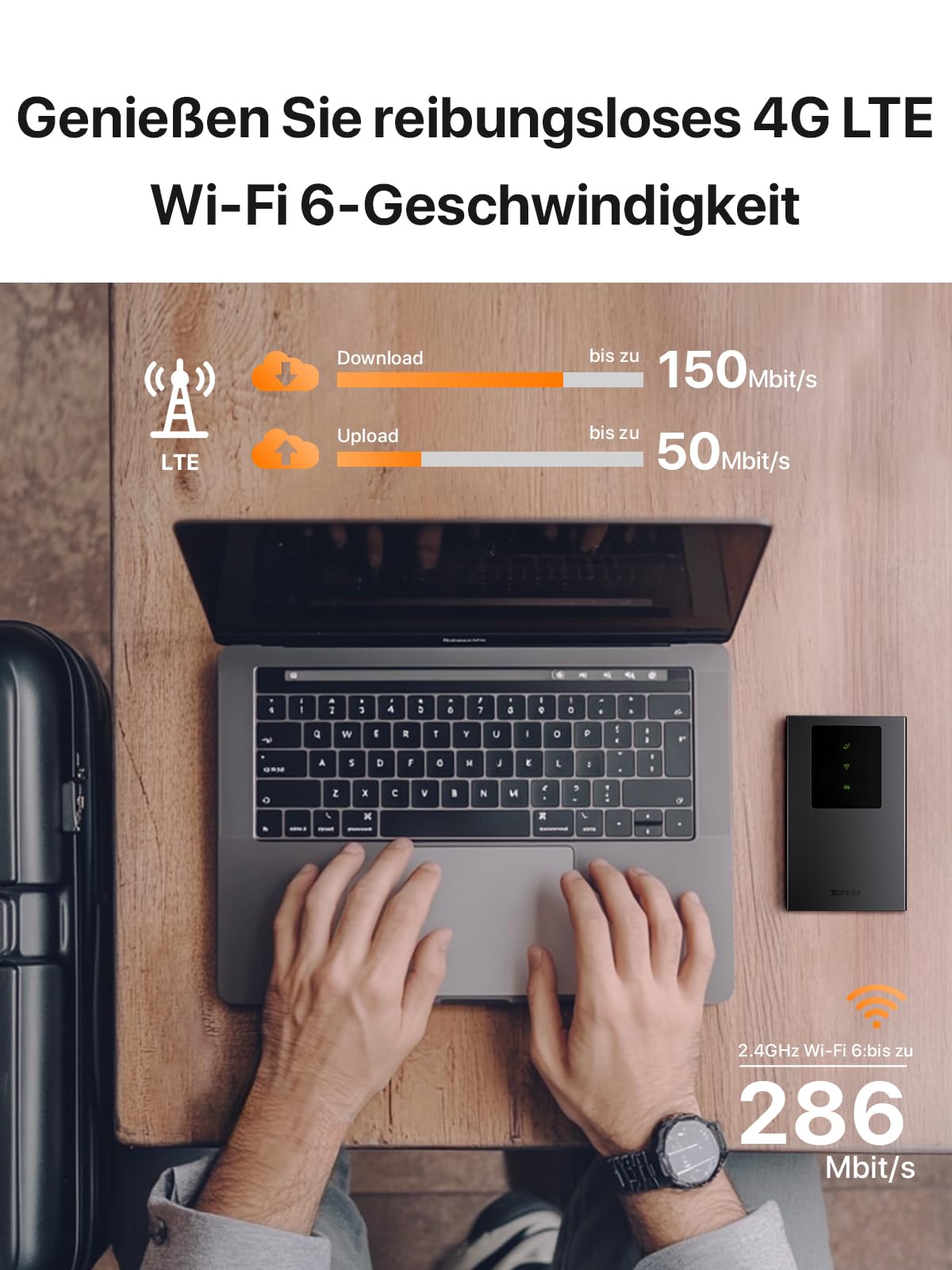 Tenda MF3 Mobiler WLAN Router für SIM-Karten, AX300 Wi-Fi 6 Tragbarer Hotspot, 2100mAh Akku, USB-C-Port, Plug & Play, WPA3, 4G-Modem, MiFi, Mini-Größe, kompatibel mit Nano-SIM-Karten