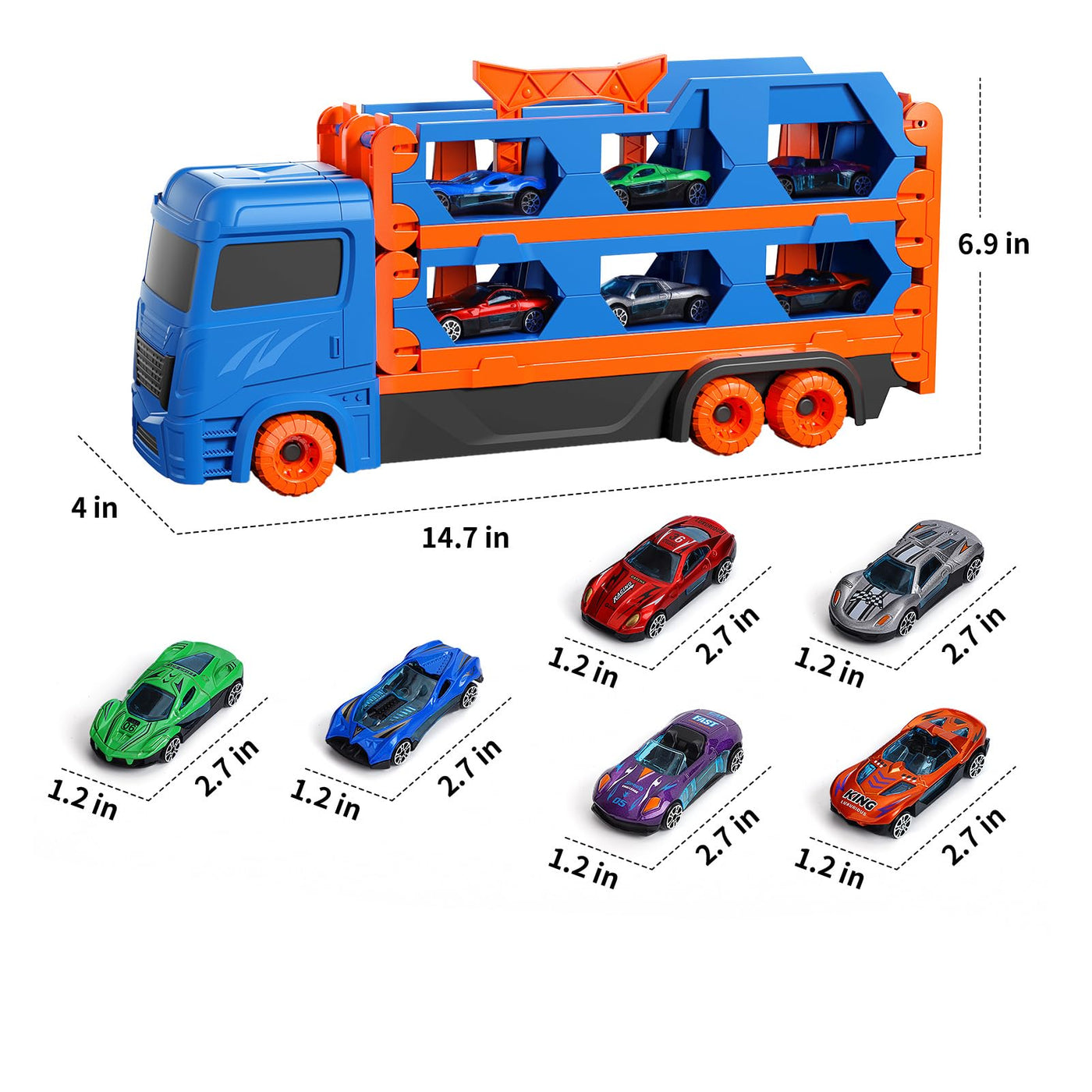 Ci Vetch Auto Spielzeug für 2-6 Jahre alte Jungen, Transport LKW Auto Spielzeug mit 61-Zoll-Rennstrecke, Blau