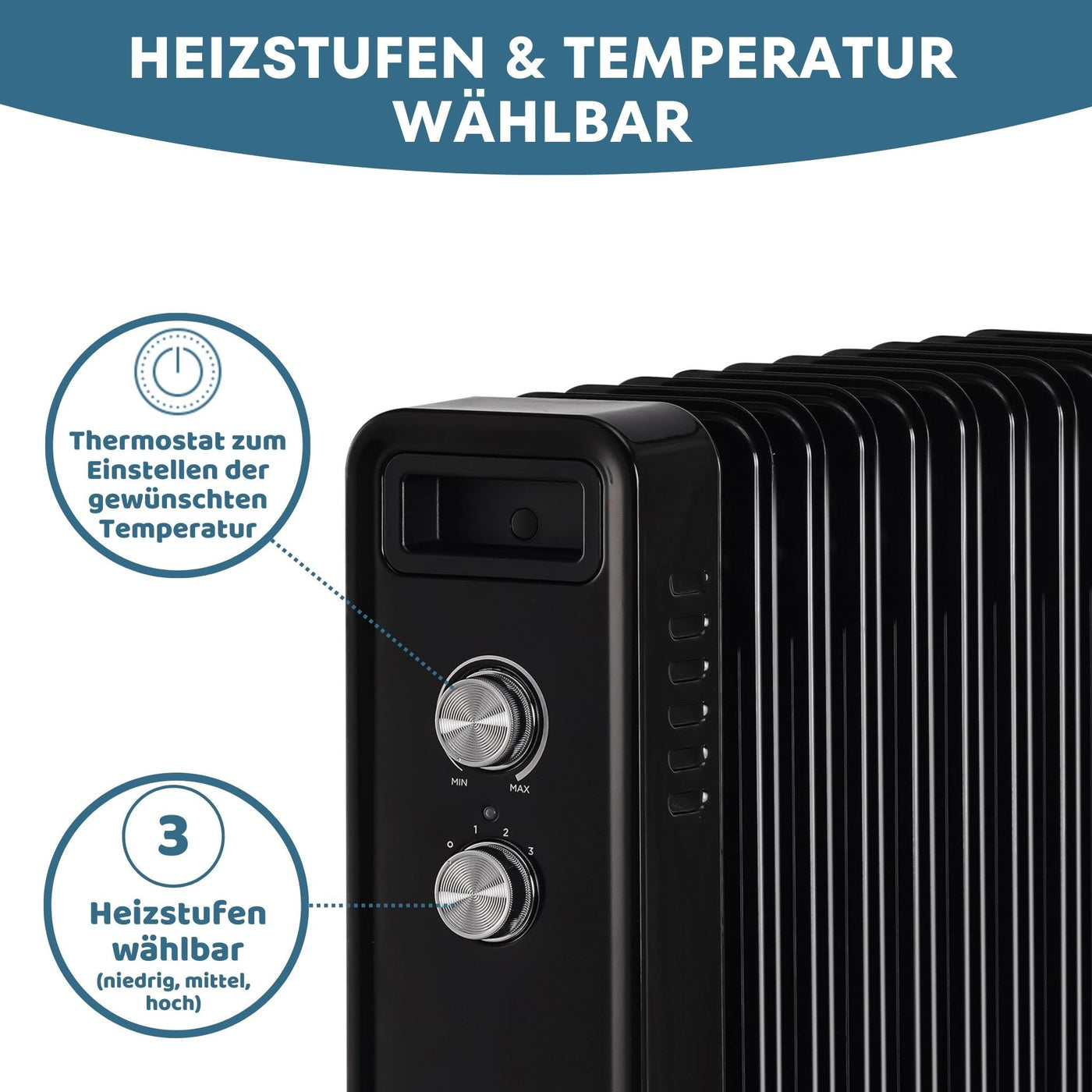 STAHLMANN Ölradiator ZR201 2500 Watt – Elektroheizung Energiesparend bis 50 qm Fläche – Heizung Elektrisch mit Thermostat und 3 Heizstufen – Elektrisches Heizgerät, Electric Heater Schwarz