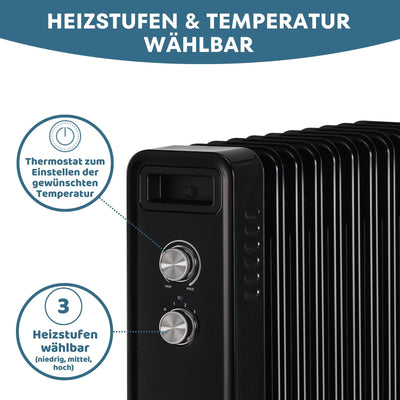 STAHLMANN Ölradiator ZR201 2500 Watt – Elektroheizung Energiesparend bis 50 qm Fläche – Heizung Elektrisch mit Thermostat und 3 Heizstufen – Elektrisches Heizgerät, Electric Heater Schwarz