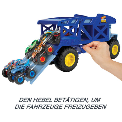 HOT WHEELS Monster Trucks Transporter Nashorn - Schlepper, Platz für 12 Monster Trucks oder 32 Hot Wheels, mit Startrampe, für Kinder ab 3 Jahren, HFB13