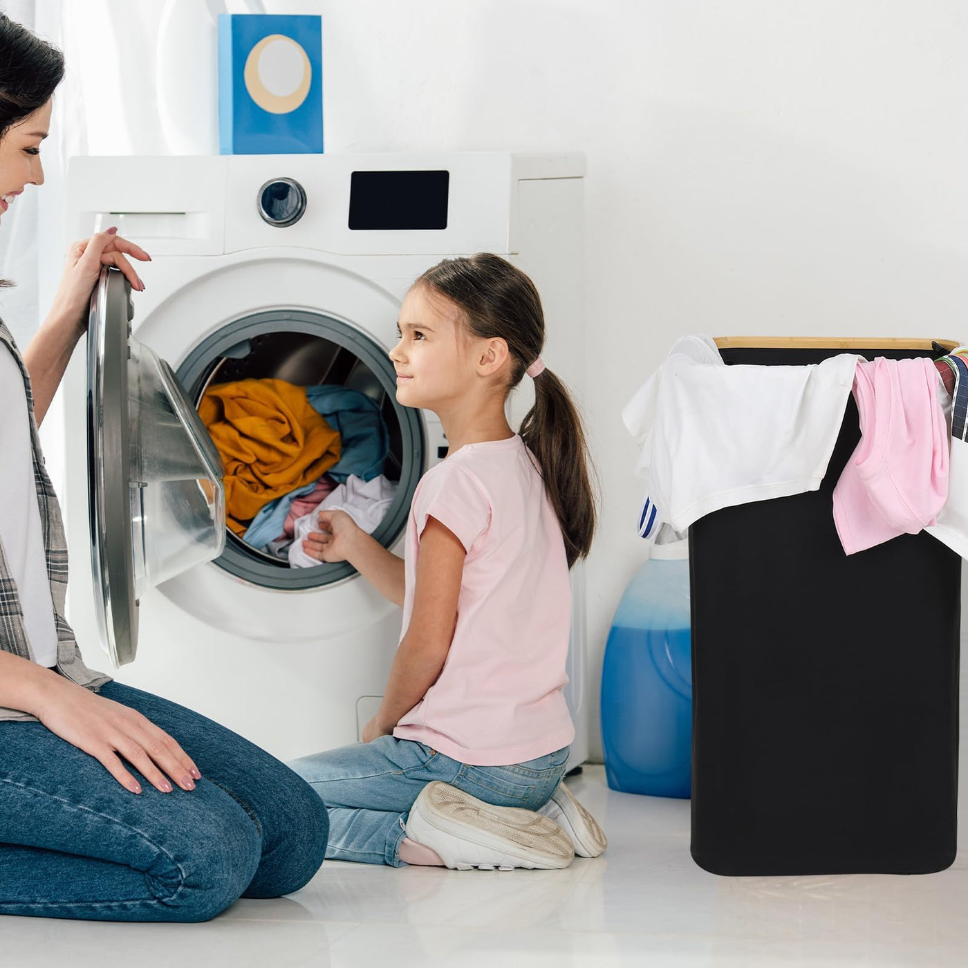 Wäschekorb -100L Waschbarer und hygienischer Groß Wäschesammler schmal mit herausnehmbarem Wäschesack-Wäschekorb mit Deckel & Bambusrand - Wäscheboxen - waschkorb (Schwarz)