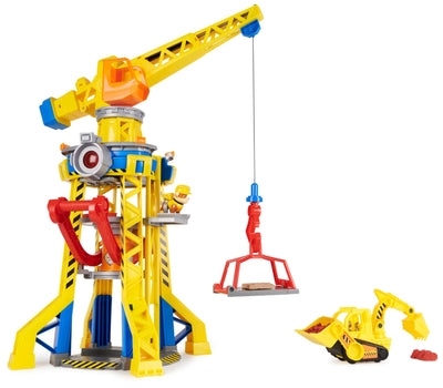 Rubble & Crew – Baupfoten Hof Kran-Spielset (68 cm) mit Rubble-Actionfigur, Planierraupen-Baufahrzeug und 340 g Kinetic Sand Build-it Sand, Spielzeug geeignet für Kinder ab 3 Jahren