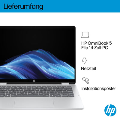 HP OmniBook 5 Flip 14-fp0254ng 2 in 1 Convertible Laptop, 14 Zoll 2K-Touchscreen (1920 x 1200), Intel Core i5-1334U, 16 GB RAM, 512 GB SSD, QWERTZ, Windows 11 Home, Silber