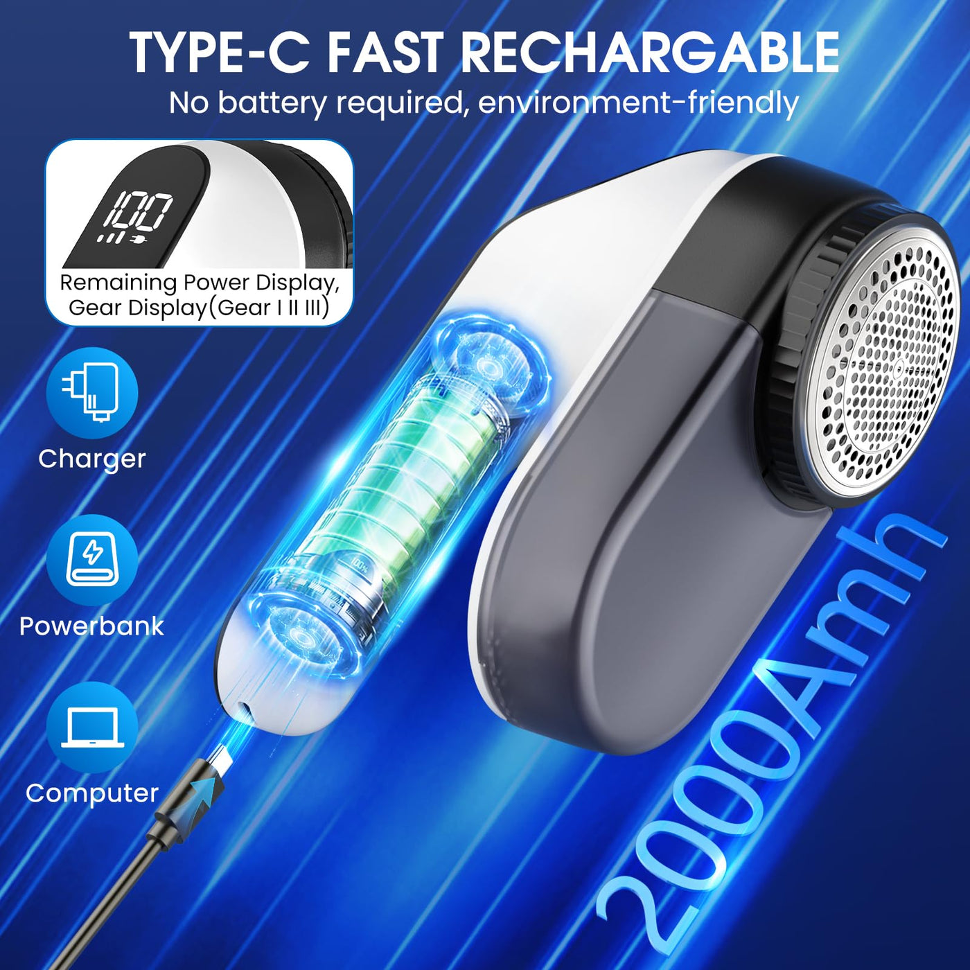 maxtachi Fusselrasierer Elektrisch Aufladbar, Fusselentferner Entfussler für Kleidung mit 3 Geschwindigkeiten, 6-Klingen-Kopf Flusenentferner für Alle Stoffe, LED-Anzeige Wollrasierer Lint Remover