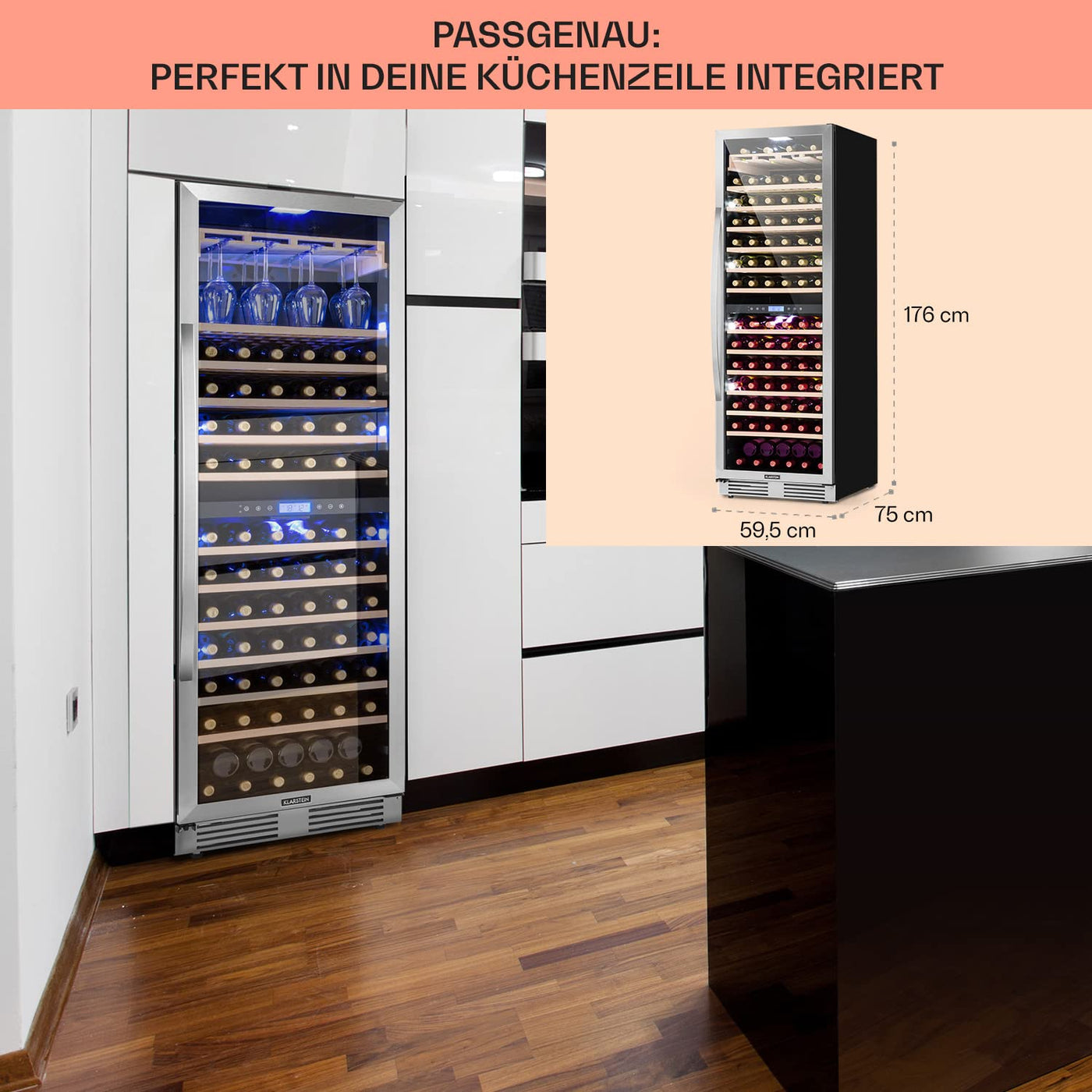 Klarstein Einbau-Weinkühlschrank, 2 Zonen Getränkekühlschrank Klein, Kleiner Weinschrank 433L, Wein-Kühlschrank Klein mit Glastür, Indoor/Outdoor Flaschenkühlschrank, Wine Fridge 165 Flaschen