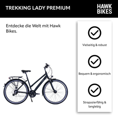 HAWK Trekking Lady Premium Fahrrad Damen 48 cm I Bike mit Microshift 24 Gang Kettenschaltung, Felgenbremse & LED Beleuchtung I Allrounder I Schwarz