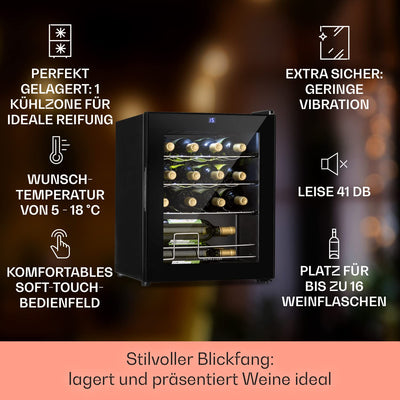 Klarstein Weinkühlschrank, 1 Zonen Getränkekühlschrank Klein, Kleiner Weinschrank 42L, Wein-Kühlschrank Klein mit Glastür, Indoor/Outdoor Flaschenkühlschrank, Wine Fridge 5-18°C, 16 Flaschen