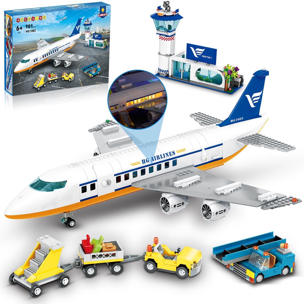 HOGOKIDS Passagierflugzeug Bauspielzeug Set mit LED Licht, 901 PCS Flugzeug Bausteine Spielzeug mit Terminal, Radarturm, Anhänger, Flugzeug-Modell Geschenke für Jungen Mädchen ab 6 7 8 9 10 Jahre