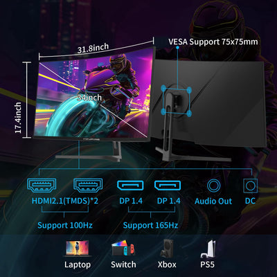 Minifire 34" UWQHD Curved Gaming Monitor 165Hz(DP),3440 x 1440,Curved 1500R,1 ms(MPRT),100Hz(HDMI), AMD FreeSync,VA Panel,2xHDMI 2.1(TMDS)/1xDP 1.4 Ports(MFG34C5Q DP-Kabel im Lieferumfang enthalten)