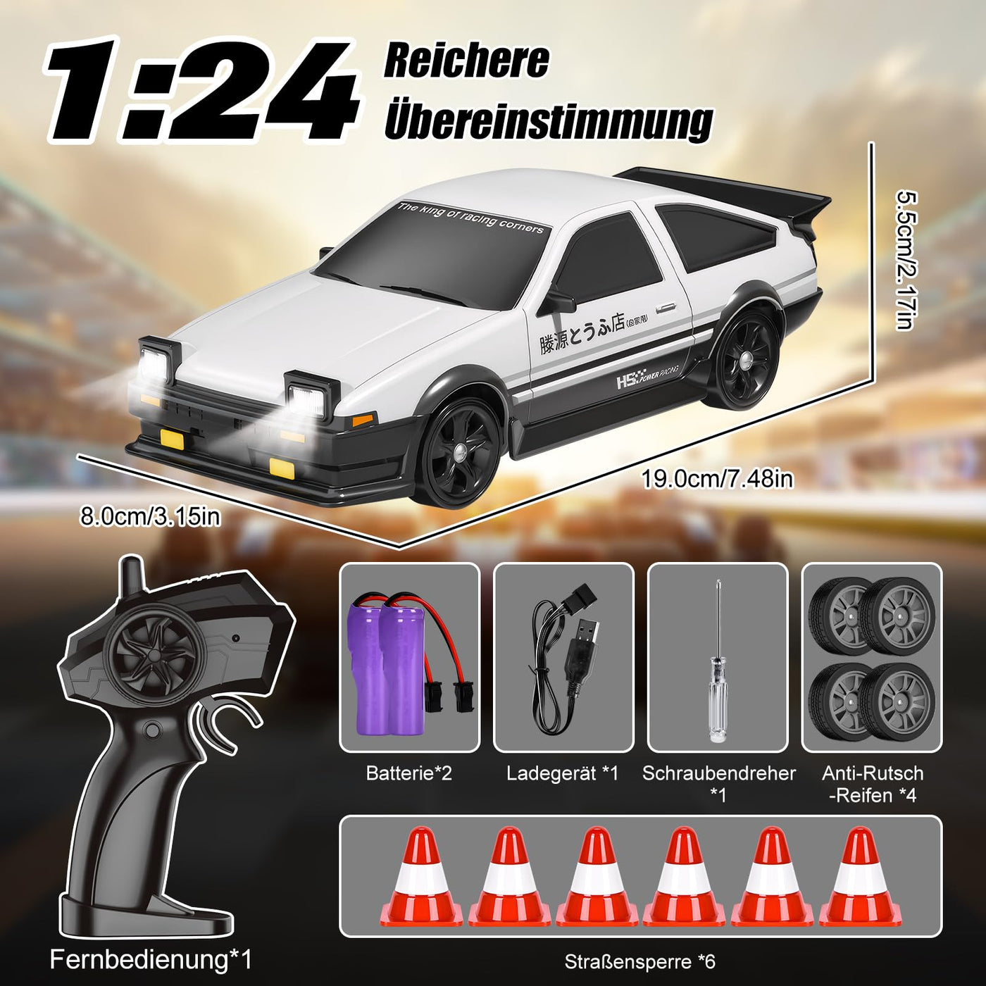 BuzzoXerex Drift Auto Ferngesteuert, Mini Drift Car, 1:24 4WD Mini RC Auto mit LED-Leuchten,18 km/h, RC Ferngesteuertes Spielzeugauto für Erwachsene und Kinder ab 6 Jahre älter (Weiß)