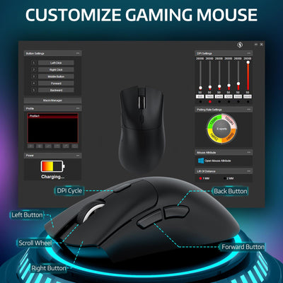 MAMBASNAKE × Attack Shark R1 59 g leichte kabellose Tri-Mode-Gaming-Maus, 2,4 GHz/Bluetooth/Kabelverbindung, 5 programmierbare Tasten, 6 einstellbare DPI bis zu 18000, PixArt PAW3311– Schwarz