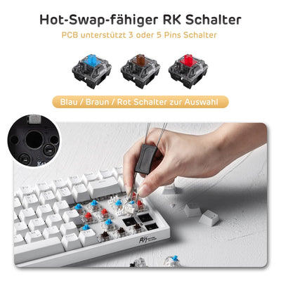 RK ROYAL KLUDGE RK84-DE 75% Gaming-Tastatur, 85 Tasten Kompakte TKL , Bluetooth Mechanische , Roter Schalter, RGB Hintergrundbeleuchtung, 2.4Ghz für Mac & Windows