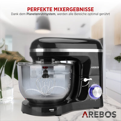 Arebos Küchenmaschine 1500W mit 6L Edelstahl-Rührschüssel | Rot | inkl. Rührhaken, Knethaken, Schneebesen | Spritzschutz | 6 Geschwindigkeiten | Knetmaschine | Teigmaschine