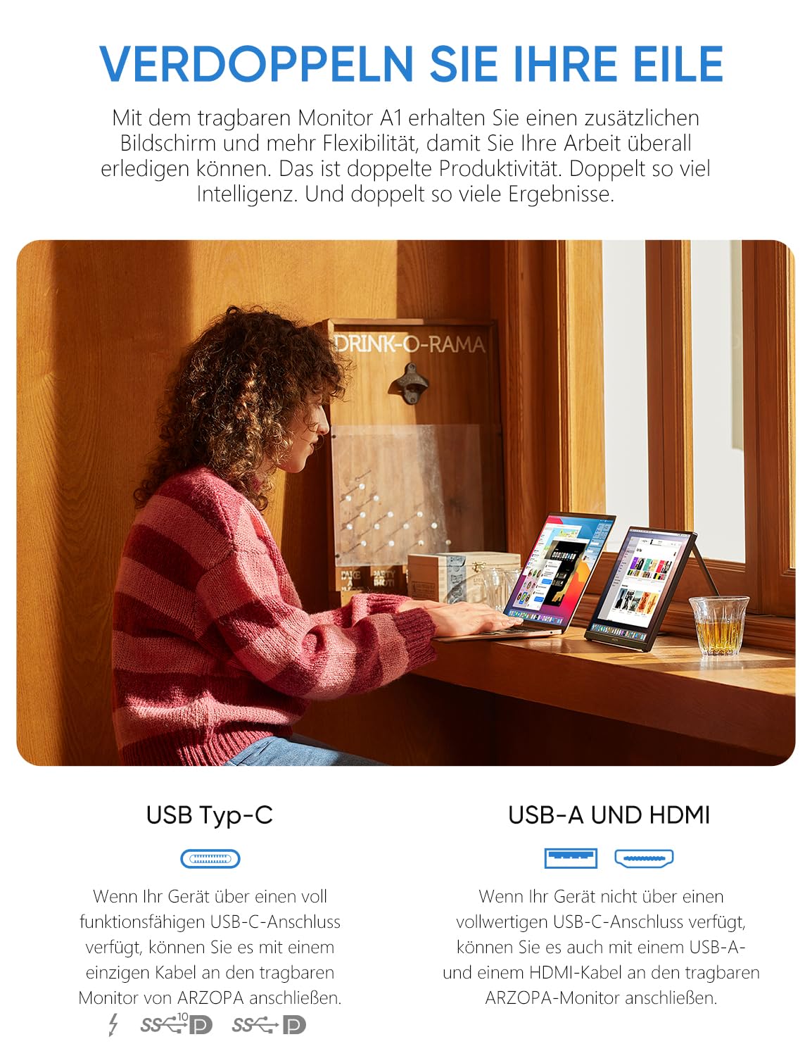 ARZOPA 16.0" 2.5k Portable Monitor, 2560x1600 HDR Display, 500nits 8bit QHD, USB-C HDMI Tragbarer Monitor für Laptop, 16:10 IPS, Unipolar Support für Mac PC PS4/5 Xbox Switch
